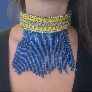 VOYAGE PASSION Blue and Yellow Beaded And Rhinestone Choker Necklace
